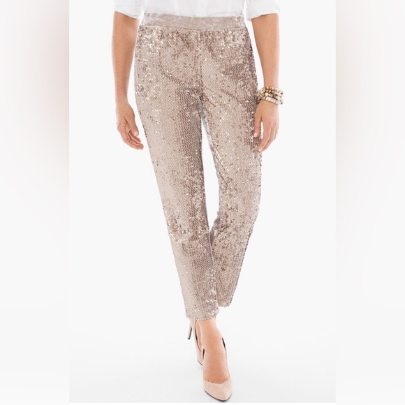 NWT Chico's Sequins & Panne Taupe Beige Sequin Pants Tapered Ankle Dressy Formal - Picture 1 of 7